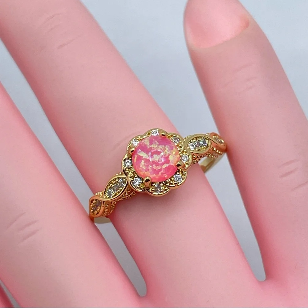 Pink Faux Opal CZ Ring Gold Vintage Style Halo Floral Engagement Ring Art Deco